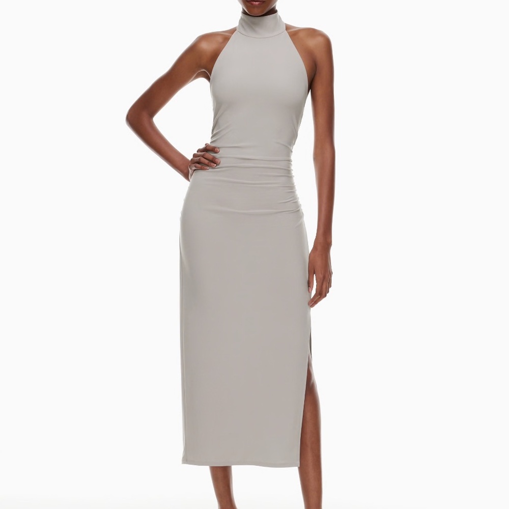 Aritzia Wilfred Ruched Halter Maxi Dress Taupe Open Back Formal XS